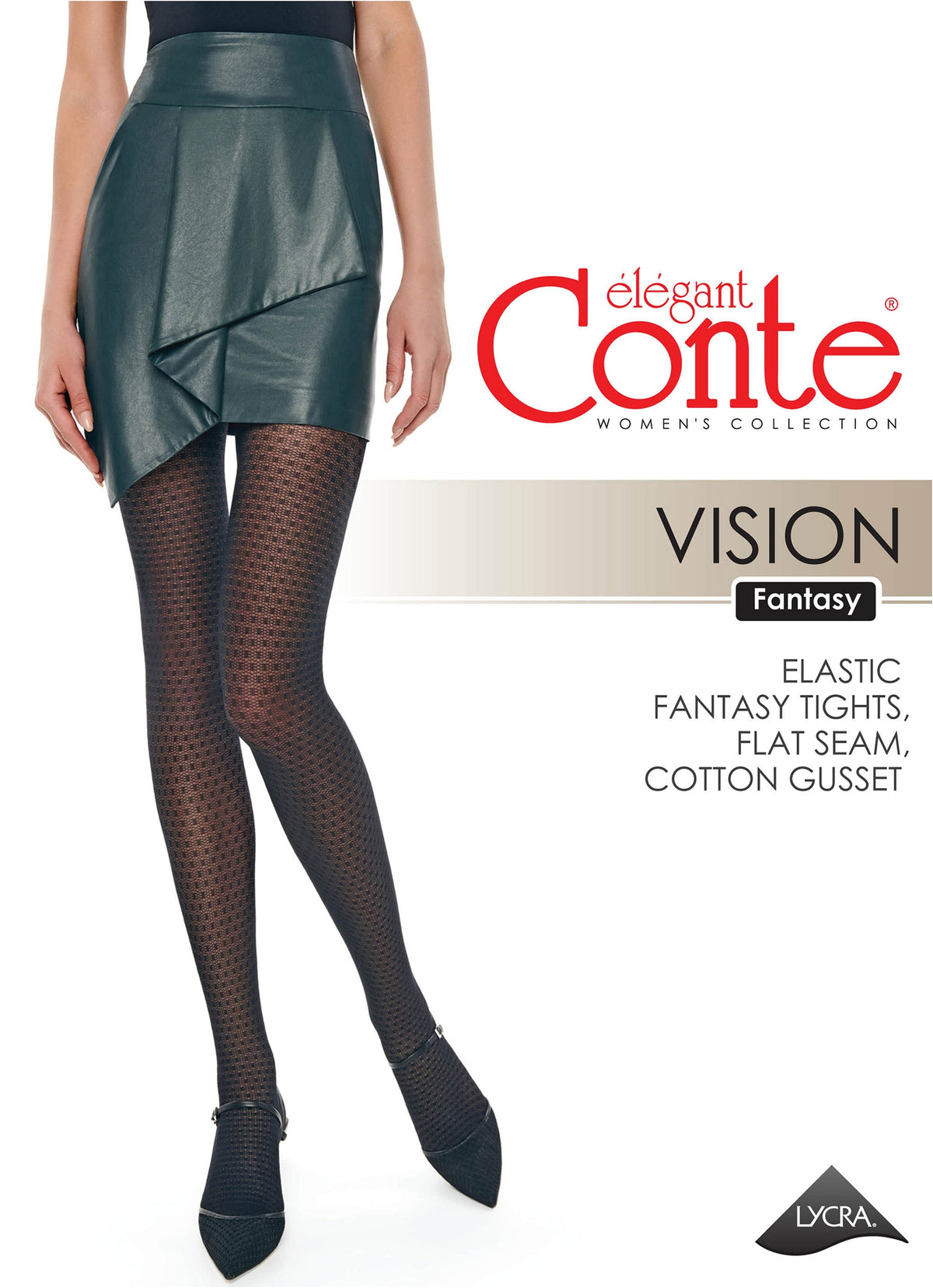 A pair of black patterned tights with a geometric texture worn by a model in a dark green leather skirt against a white background.