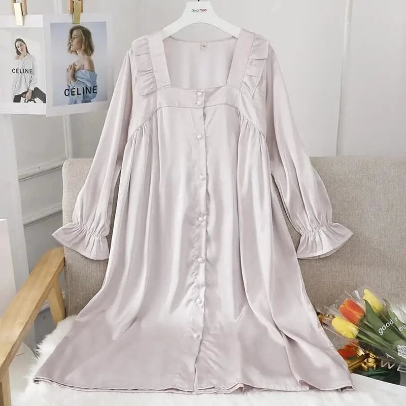 Female Long Nightdress Sexy Hollow Lace Sleepwear Home Dress Palace Style Princess Nightgown Nightwear Casual Satin Loungewear - A-1 Thread Vault