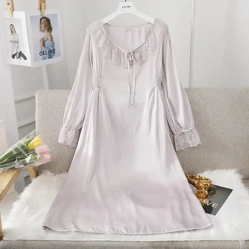 Female Long Nightdress Sexy Hollow Lace Sleepwear Home Dress Palace Style Princess Nightgown Nightwear Casual Satin Loungewear - A-1 Thread Vault