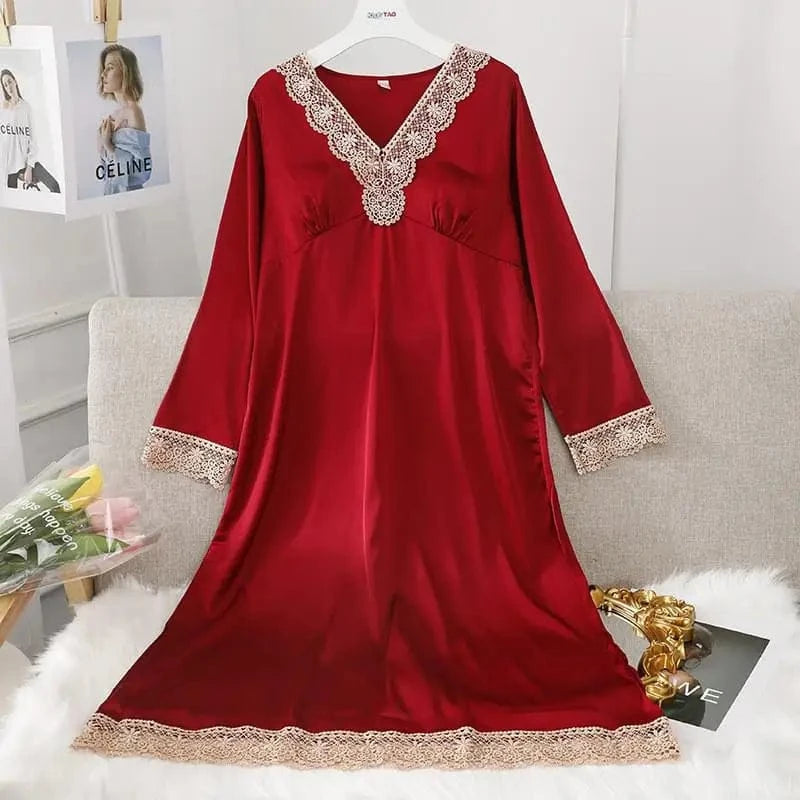 Female Long Nightdress Sexy Hollow Lace Sleepwear Home Dress Palace Style Princess Nightgown Nightwear Casual Satin Loungewear - A-1 Thread Vault