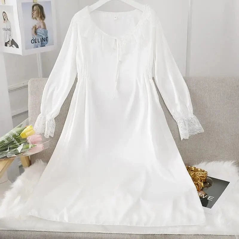 Female Long Nightdress Sexy Hollow Lace Sleepwear Home Dress Palace Style Princess Nightgown Nightwear Casual Satin Loungewear - A-1 Thread Vault