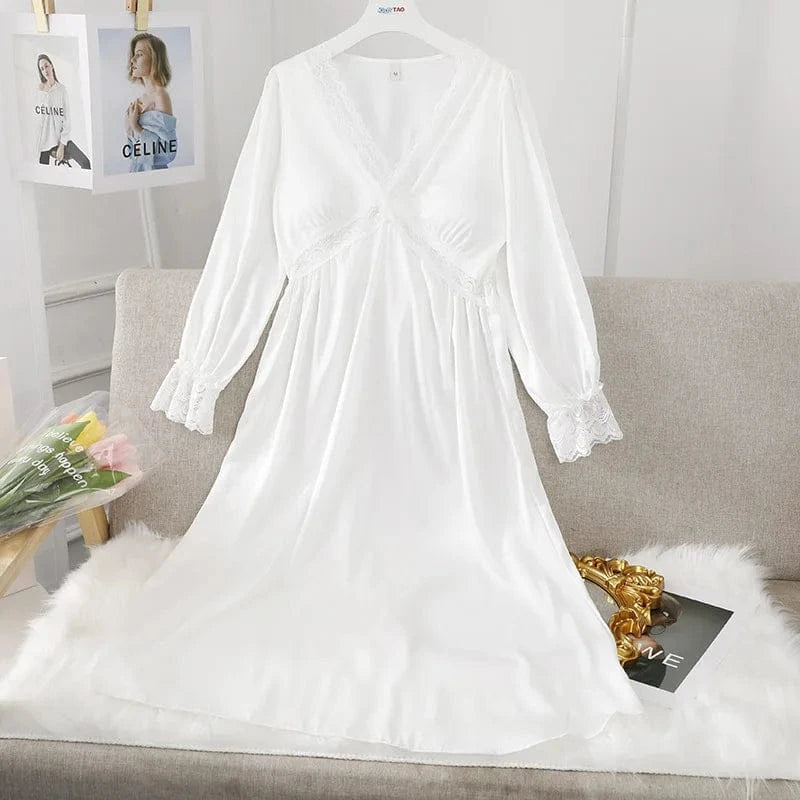 Female Long Nightdress Sexy Hollow Lace Sleepwear Home Dress Palace Style Princess Nightgown Nightwear Casual Satin Loungewear - A-1 Thread Vault