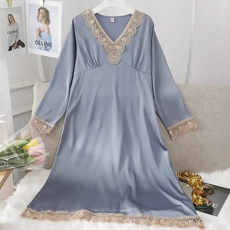 Female Long Nightdress Sexy Hollow Lace Sleepwear Home Dress Palace Style Princess Nightgown Nightwear Casual Satin Loungewear - A-1 Thread Vault