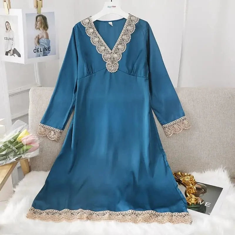 Female Long Nightdress Sexy Hollow Lace Sleepwear Home Dress Palace Style Princess Nightgown Nightwear Casual Satin Loungewear - A-1 Thread Vault