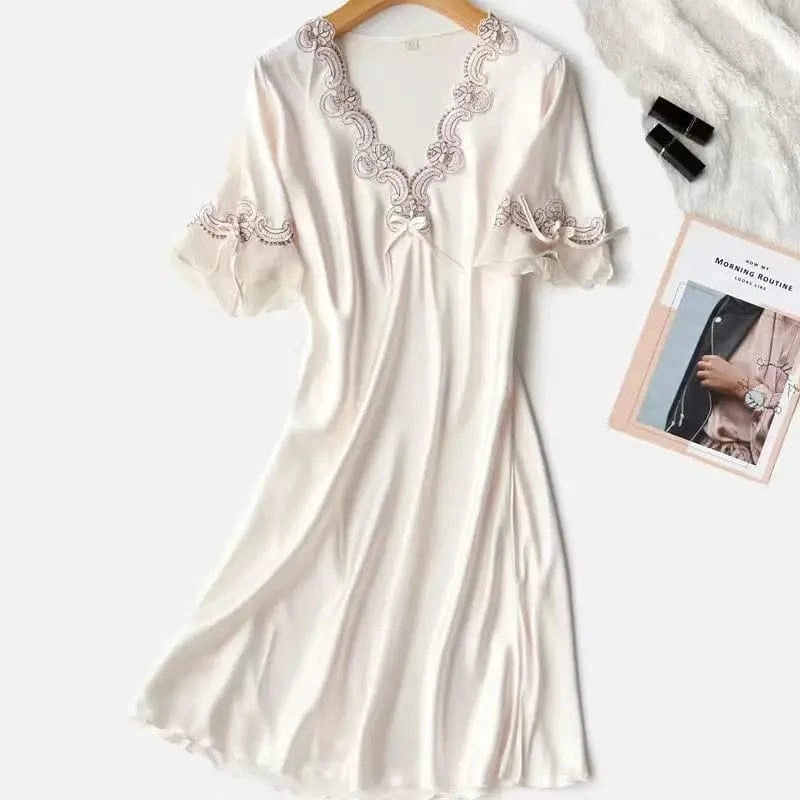 Female Long Nightdress Sexy Hollow Lace Sleepwear Home Dress Palace Style Princess Nightgown Nightwear Casual Satin Loungewear - A-1 Thread Vault