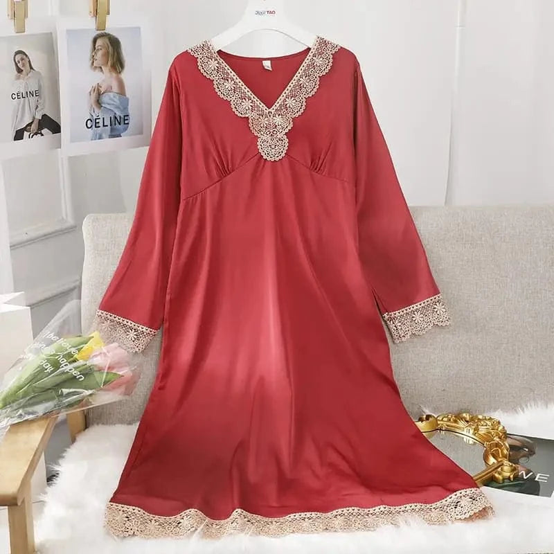 Female Long Nightdress Sexy Hollow Lace Sleepwear Home Dress Palace Style Princess Nightgown Nightwear Casual Satin Loungewear - A-1 Thread Vault