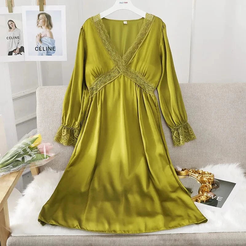 Female Long Nightdress Sexy Hollow Lace Sleepwear Home Dress Palace Style Princess Nightgown Nightwear Casual Satin Loungewear - A-1 Thread Vault