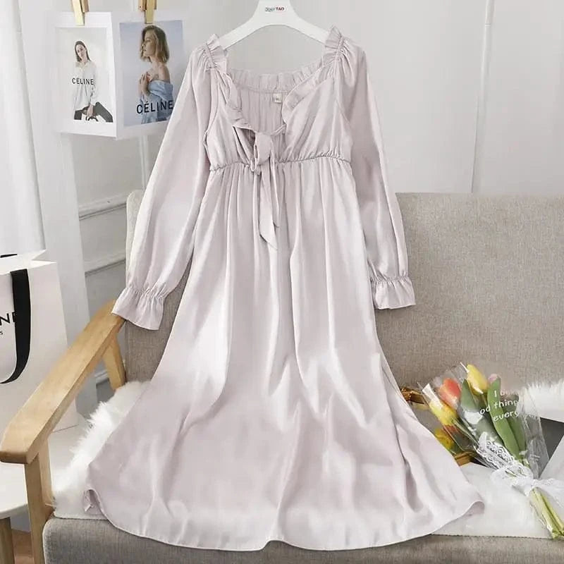 Female Long Nightdress Sexy Hollow Lace Sleepwear Home Dress Palace Style Princess Nightgown Nightwear Casual Satin Loungewear - A-1 Thread Vault
