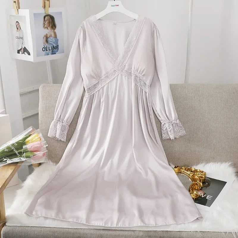 Female Long Nightdress Sexy Hollow Lace Sleepwear Home Dress Palace Style Princess Nightgown Nightwear Casual Satin Loungewear - A-1 Thread Vault