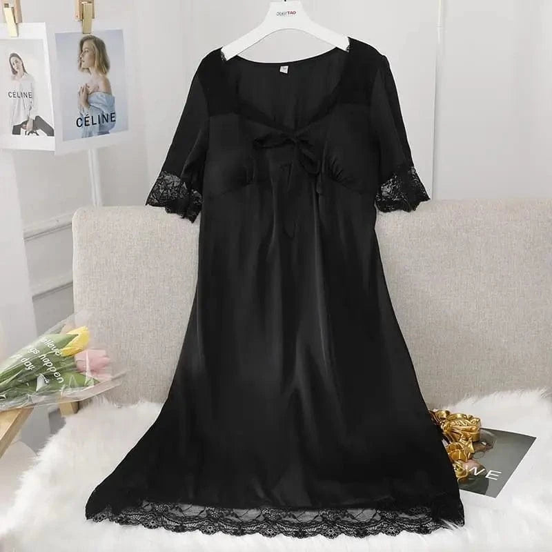 Female Long Nightdress Sexy Hollow Lace Sleepwear Home Dress Palace Style Princess Nightgown Nightwear Casual Satin Loungewear - A-1 Thread Vault