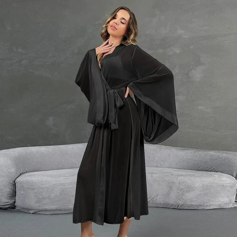 Female Sheer Shapewear Robes Fashion Long Sleeve Thin Lingerie Women Lace Up Long Sexy Mesh Robes - A-1 Thread Vault