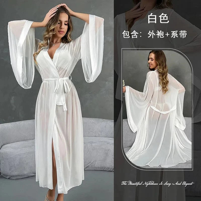 Female Sheer Shapewear Robes Fashion Long Sleeve Thin Lingerie Women Lace Up Long Sexy Mesh Robes - A-1 Thread Vault