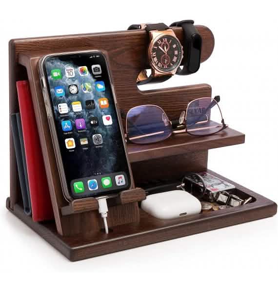 TESLYAR Wood Phone Docking Station Ash Key Holder Wallet Stand - A-1 Thread Vault