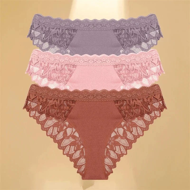 FINETOO 3Pcs Lace Hollow Out Underwear for Women Sexy Low-Waist Floral Briefs Female Invisible Breathable Lingerie Soft Intimate - A-1 Thread Vault