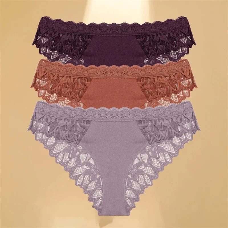 FINETOO 3Pcs Lace Hollow Out Underwear for Women Sexy Low-Waist Floral Briefs Female Invisible Breathable Lingerie Soft Intimate - A-1 Thread Vault