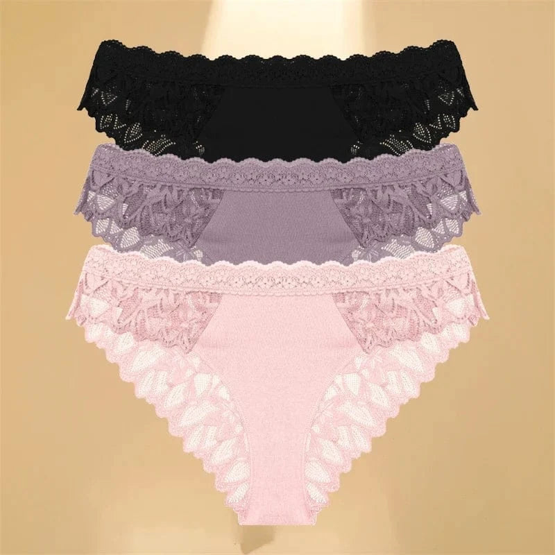 FINETOO 3Pcs Lace Hollow Out Underwear for Women Sexy Low-Waist Floral Briefs Female Invisible Breathable Lingerie Soft Intimate - A-1 Thread Vault