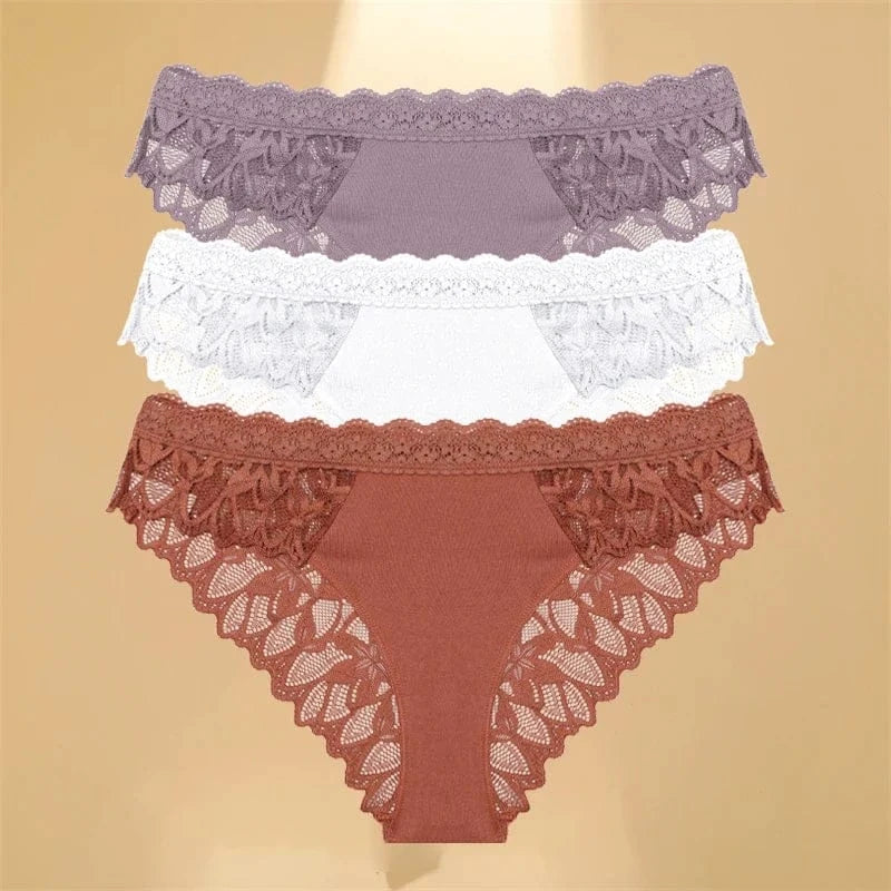 FINETOO 3Pcs Lace Hollow Out Underwear for Women Sexy Low-Waist Floral Briefs Female Invisible Breathable Lingerie Soft Intimate - A-1 Thread Vault