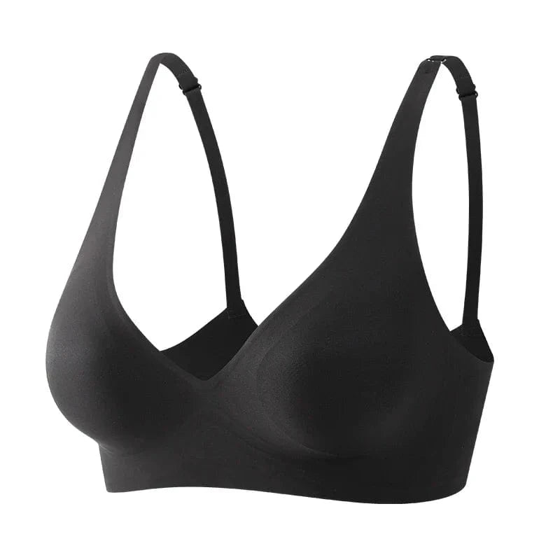 A black wireless bralette with smooth cups, a deep V-neckline, and adjustable thin shoulder straps.