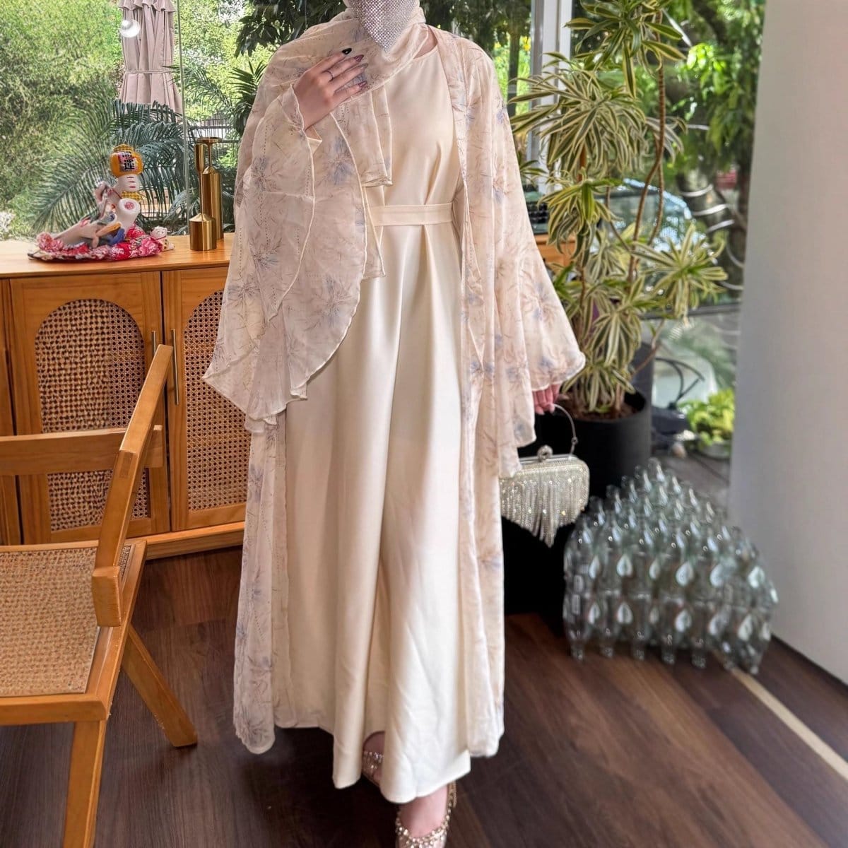 Floral Chiffon 3-Piece Open Abaya Set(MOA301) - A-1 Thread Vault