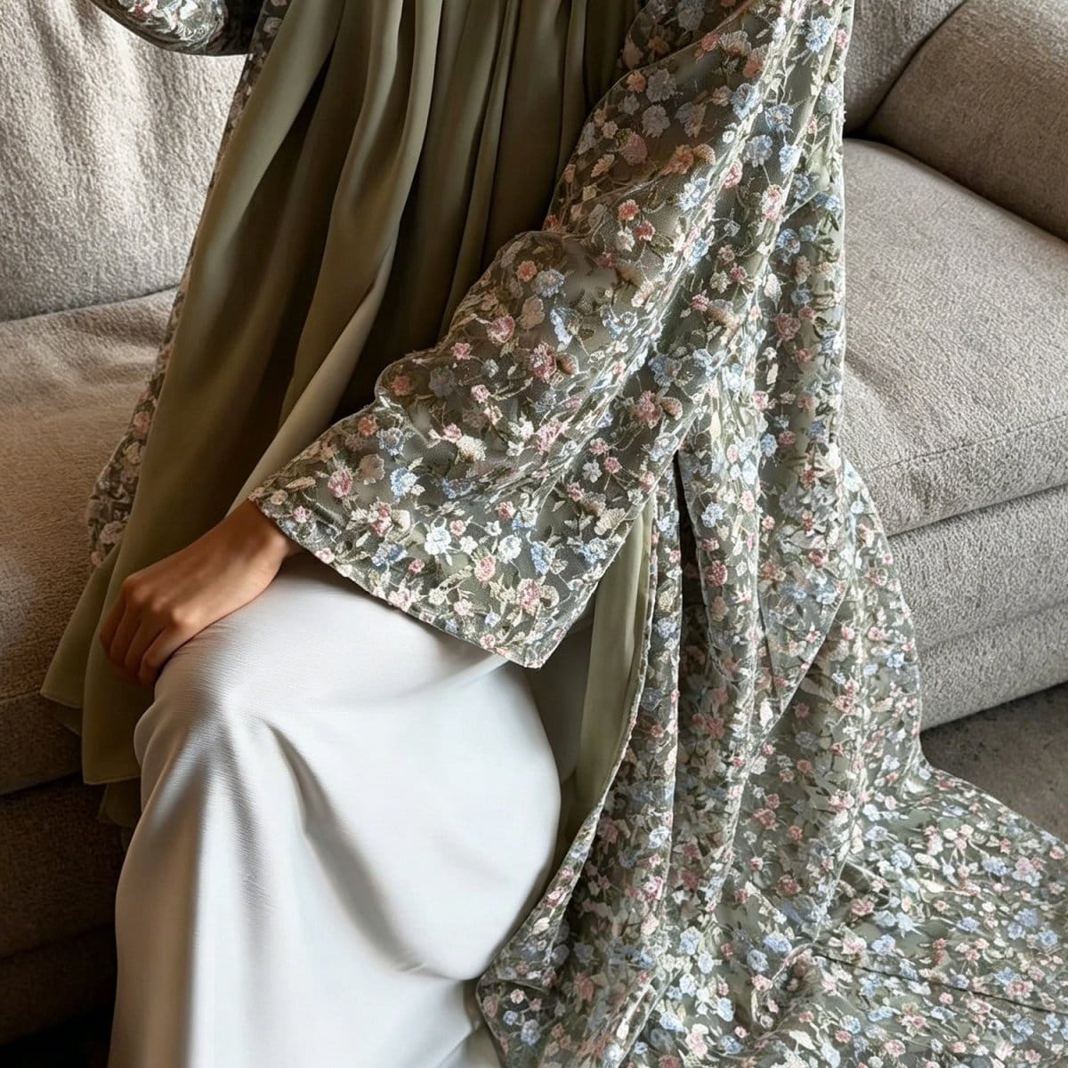 Floral Embroidered Mesh Open Abaya & Hijab Set(MOA321) - A-1 Thread Vault