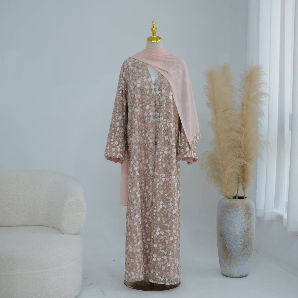 Floral Embroidered Mesh Open Abaya & Hijab Set(MOA321) - A-1 Thread Vault