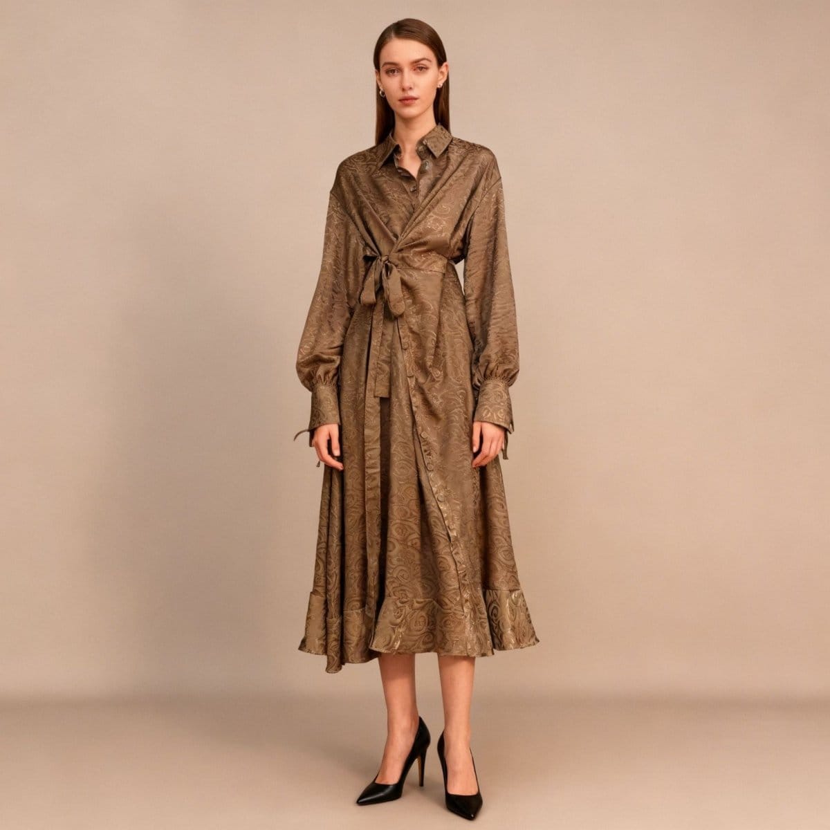 Floral Jacquard Wrap Dress | Collared Tie-Sleeve Maxi Dress(MS257) - A-1 Thread Vault