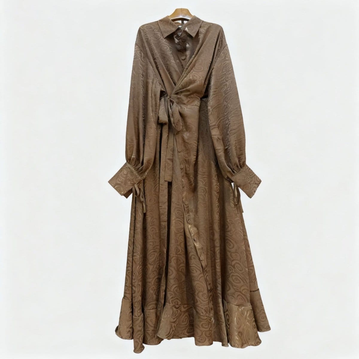 Floral Jacquard Wrap Dress | Collared Tie-Sleeve Maxi Dress(MS257) - A-1 Thread Vault
