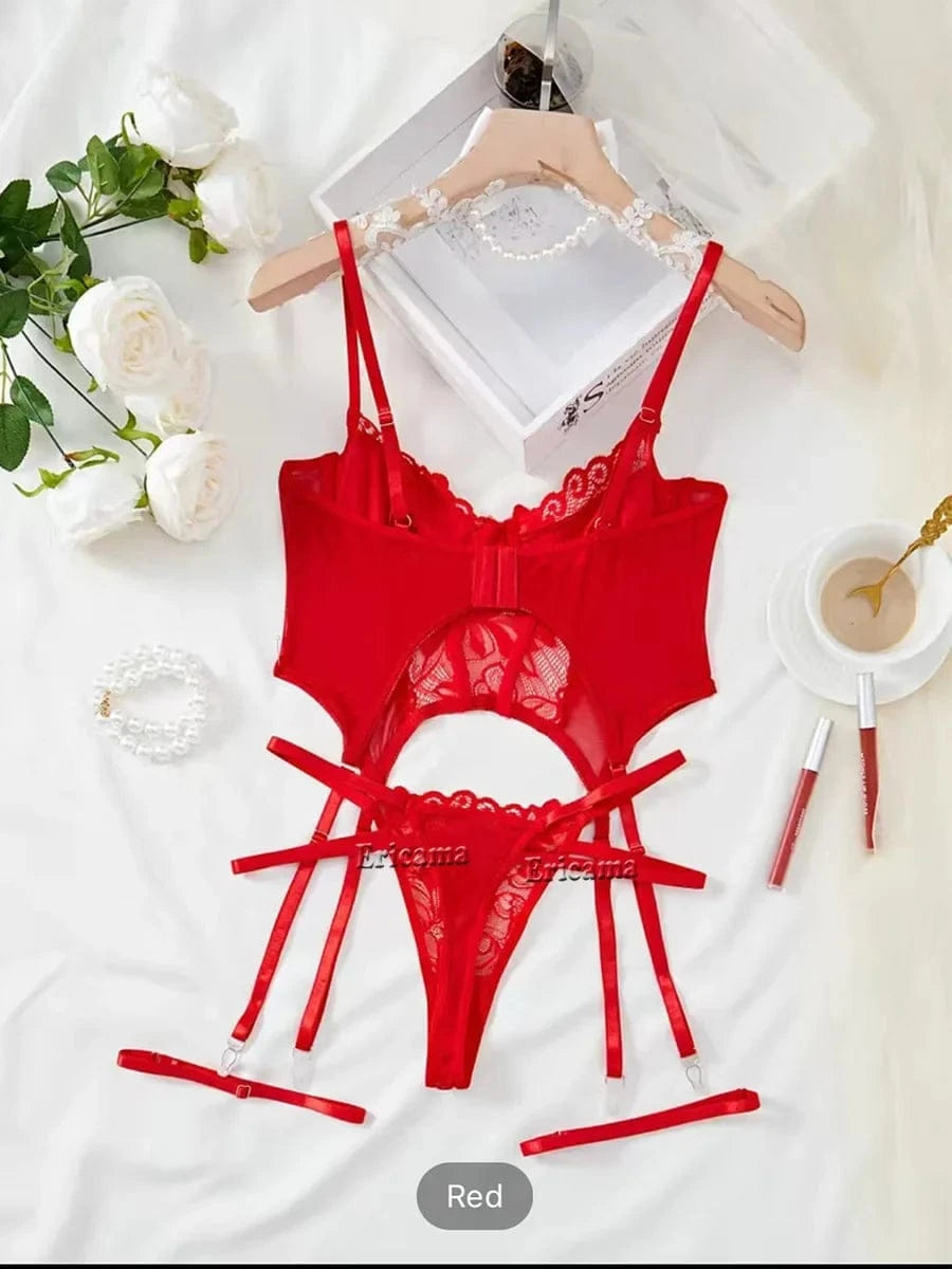 Floral Lace Garter Lingerie Set With Choker Women Intimates 2024 Underwire Bra And Thongs Ladies Underwear Set - A-1 Thread Vault