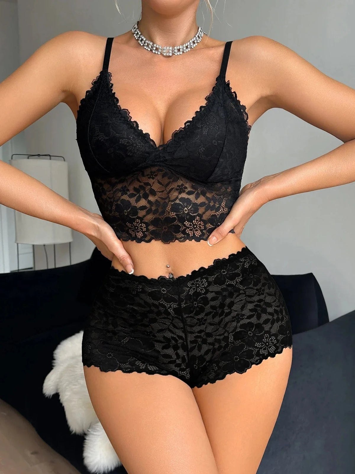 Floral Lace Women's Underwear Set Hollow-Out Wireless Sexy Bras Unlined Bra Breathable Hot Lingerie Sheer Women's Panties - A-1 Thread Vault