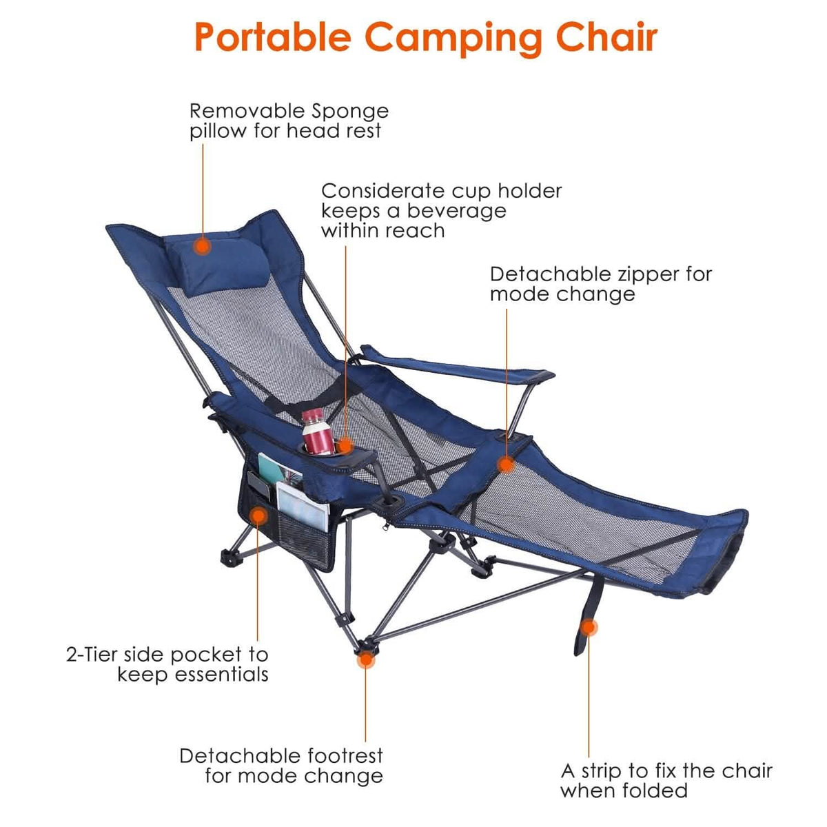 Foldable Camping Chair Heavy Duty Steel Lawn Chair with Reclining Backrest Angle - A-1 Thread Vault
