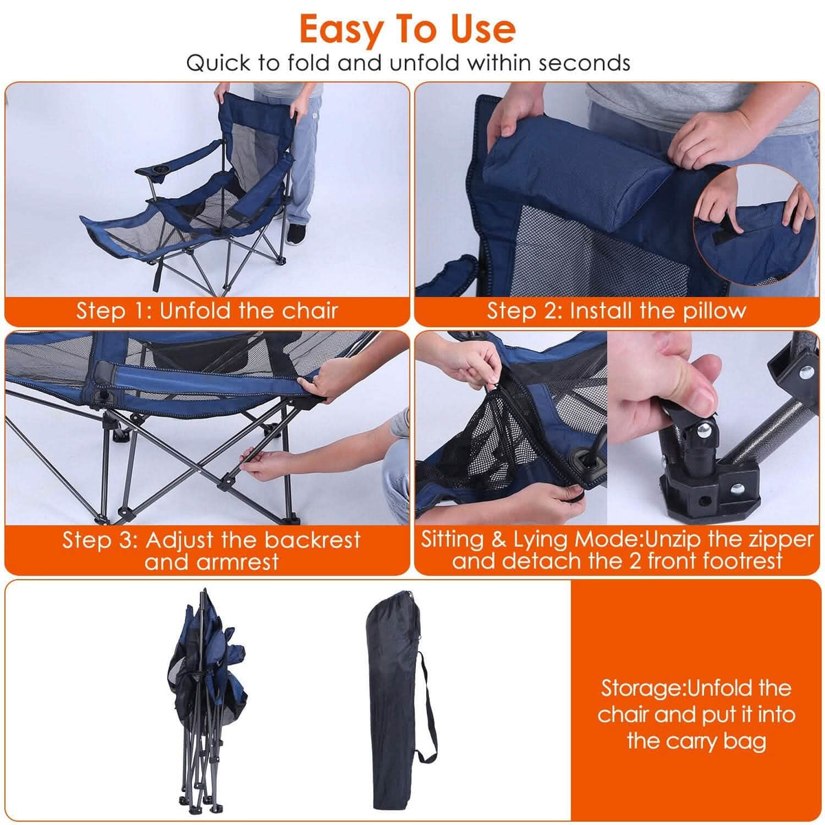 Foldable Camping Chair Heavy Duty Steel Lawn Chair with Reclining Backrest Angle - A-1 Thread Vault