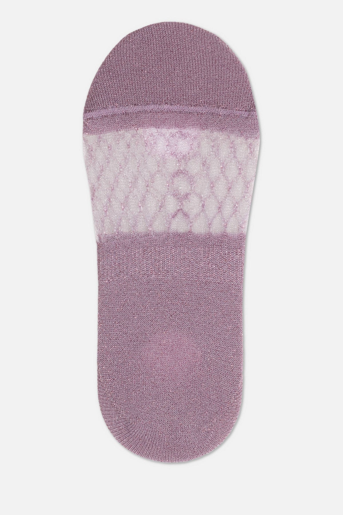 A mauve-colored no-show sock features a solid toe and heel section with a decorative sheer mesh panel across the instep.