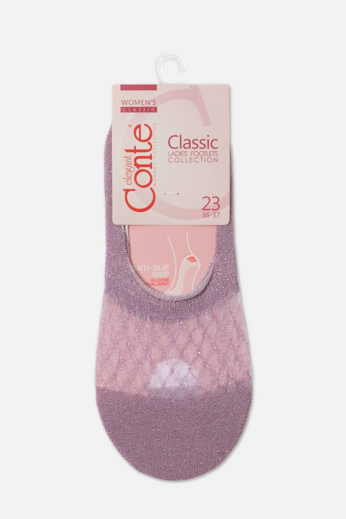 A pair of purple low-cut women's no-show footlet socks featuring a sparkling knit texture and a heel grip insert, displayed on a cardboard retail tag.