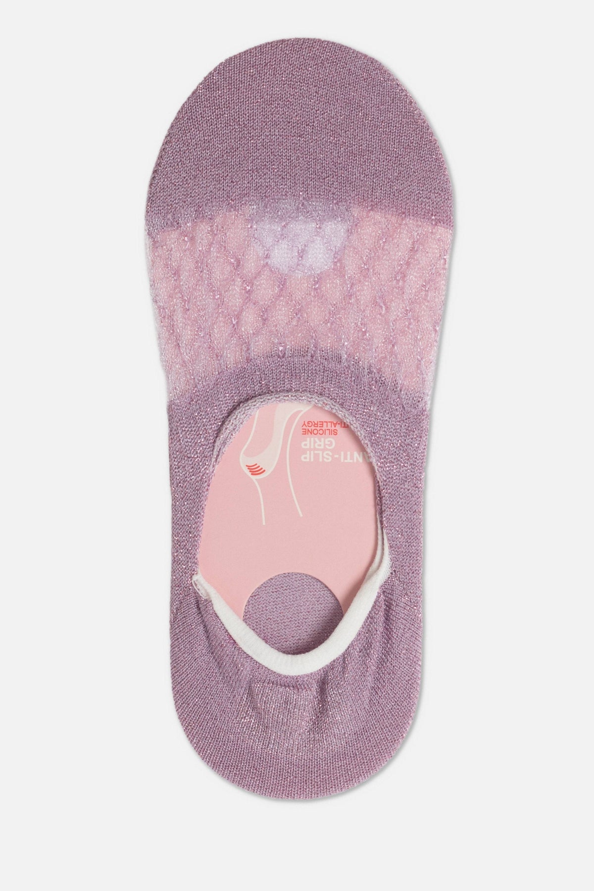 A mauve-colored, low-cut liner sock with a sheer textured mesh front and a solid heel, featuring a visible interior tag that indicates an anti-slip silicone grip.