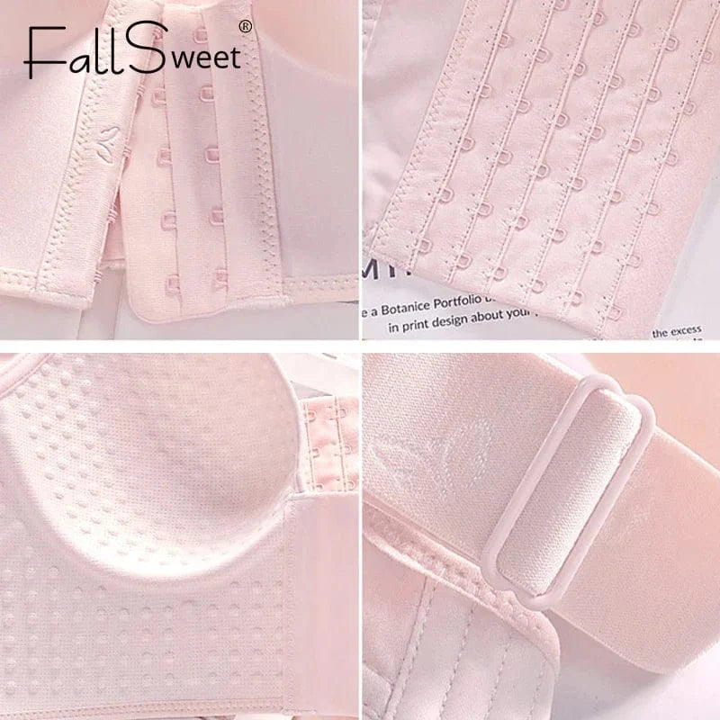 A close-up collage of a light pink brassiere showing the hook-and-eye closure, the interior padded cup with a textured dot pattern, and the adjustable shoulder strap.