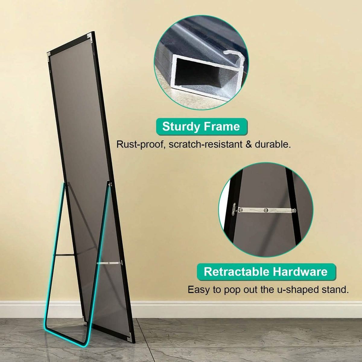 Full Length Mirror Aluminum Alloy Wall Mirror Free Standing Floor - A-1 Thread Vault