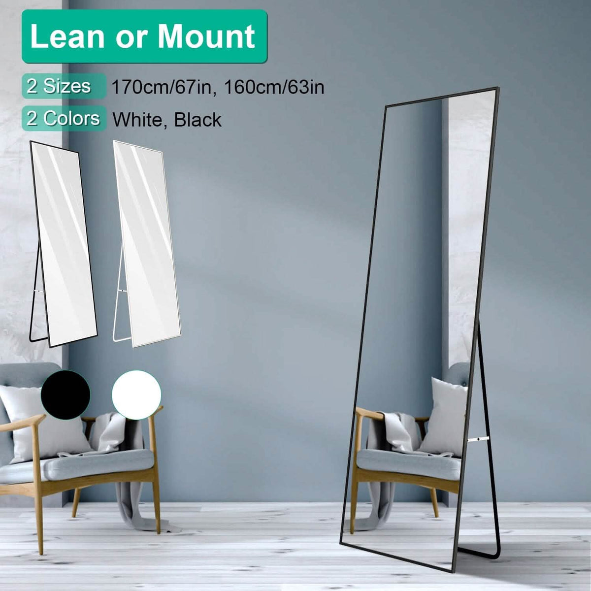 Full Length Mirror Aluminum Alloy Wall Mirror Free Standing Floor - A-1 Thread Vault