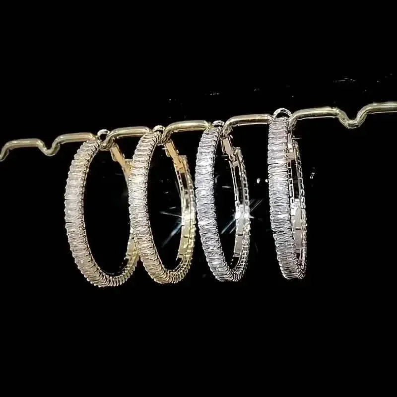 Full Rectangular Shiny Synthetic Zirconia Decorative Hoop Earrings - A-1 Thread Vault