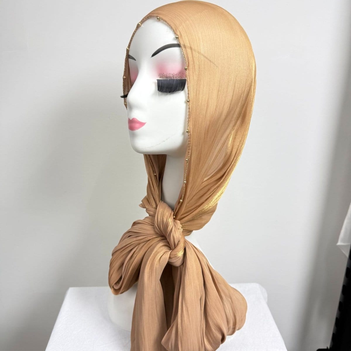 Gold Chain Beaded Edge Crinkle Satin Hijab(MH238) - A-1 Thread Vault