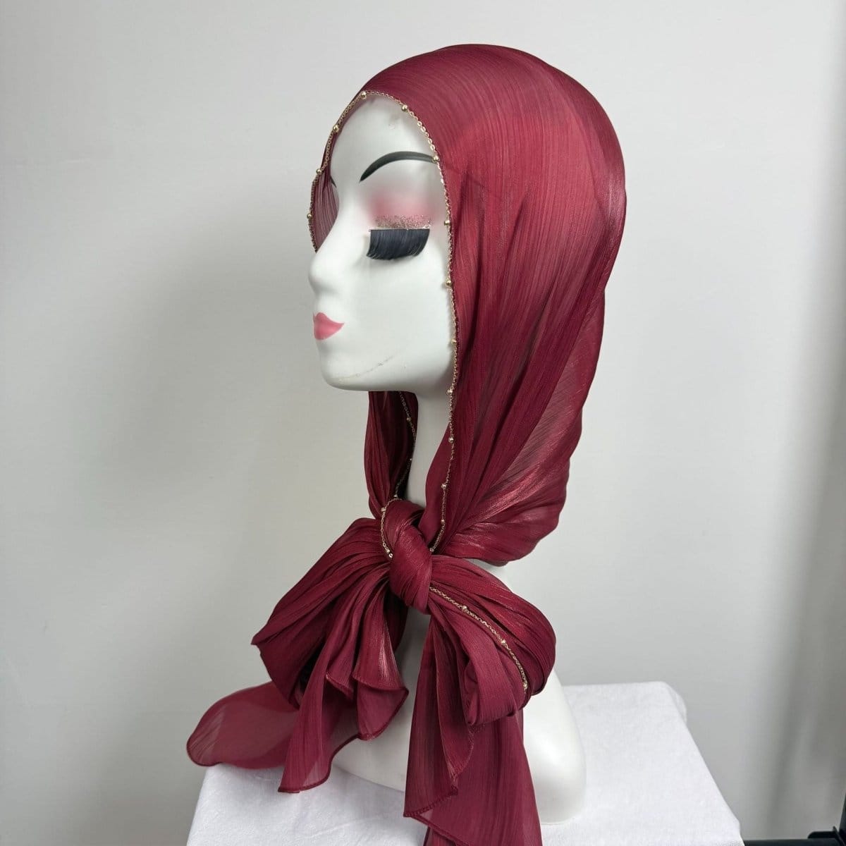 Gold Chain Beaded Edge Crinkle Satin Hijab(MH238) - A-1 Thread Vault