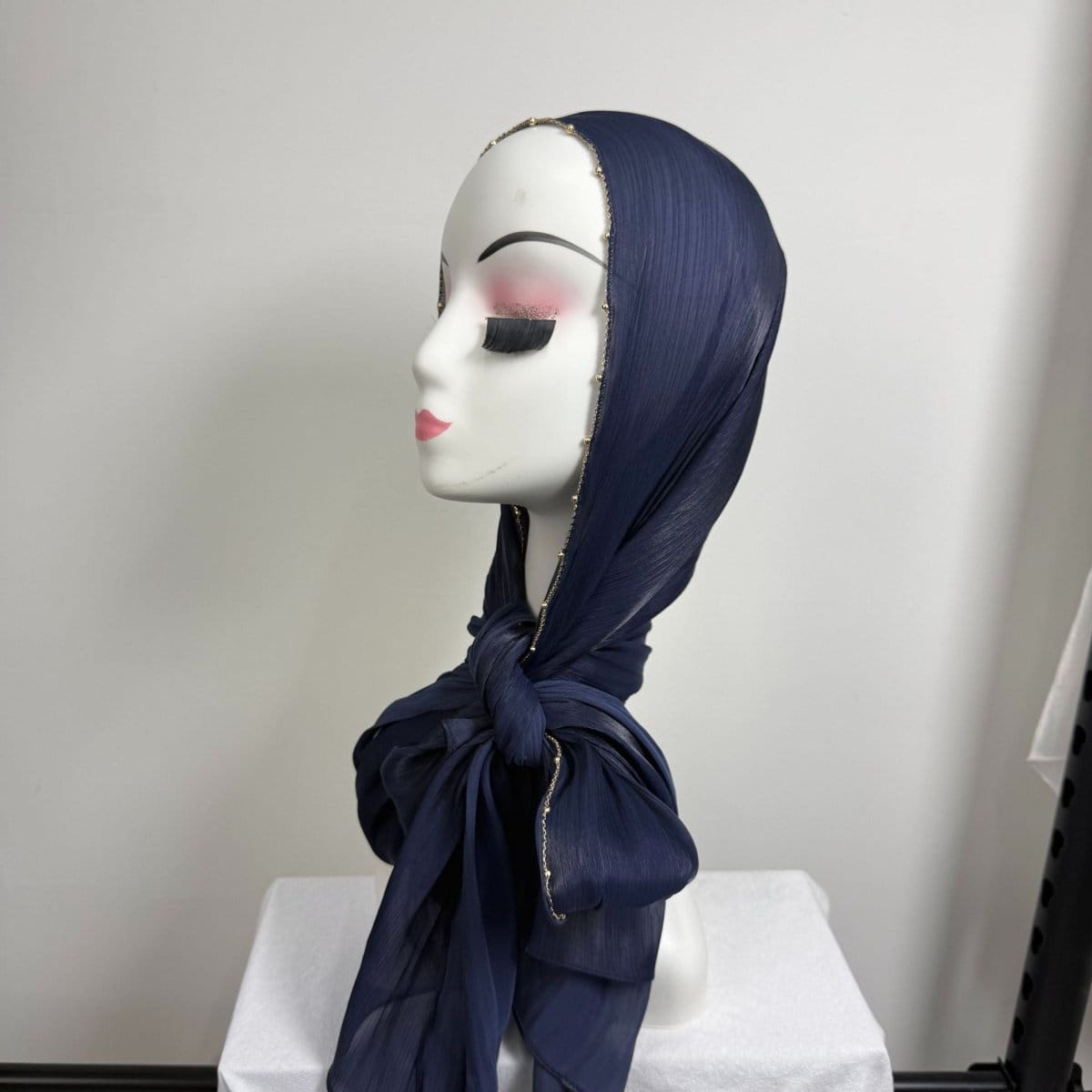 Gold Chain Beaded Edge Crinkle Satin Hijab(MH238) - A-1 Thread Vault