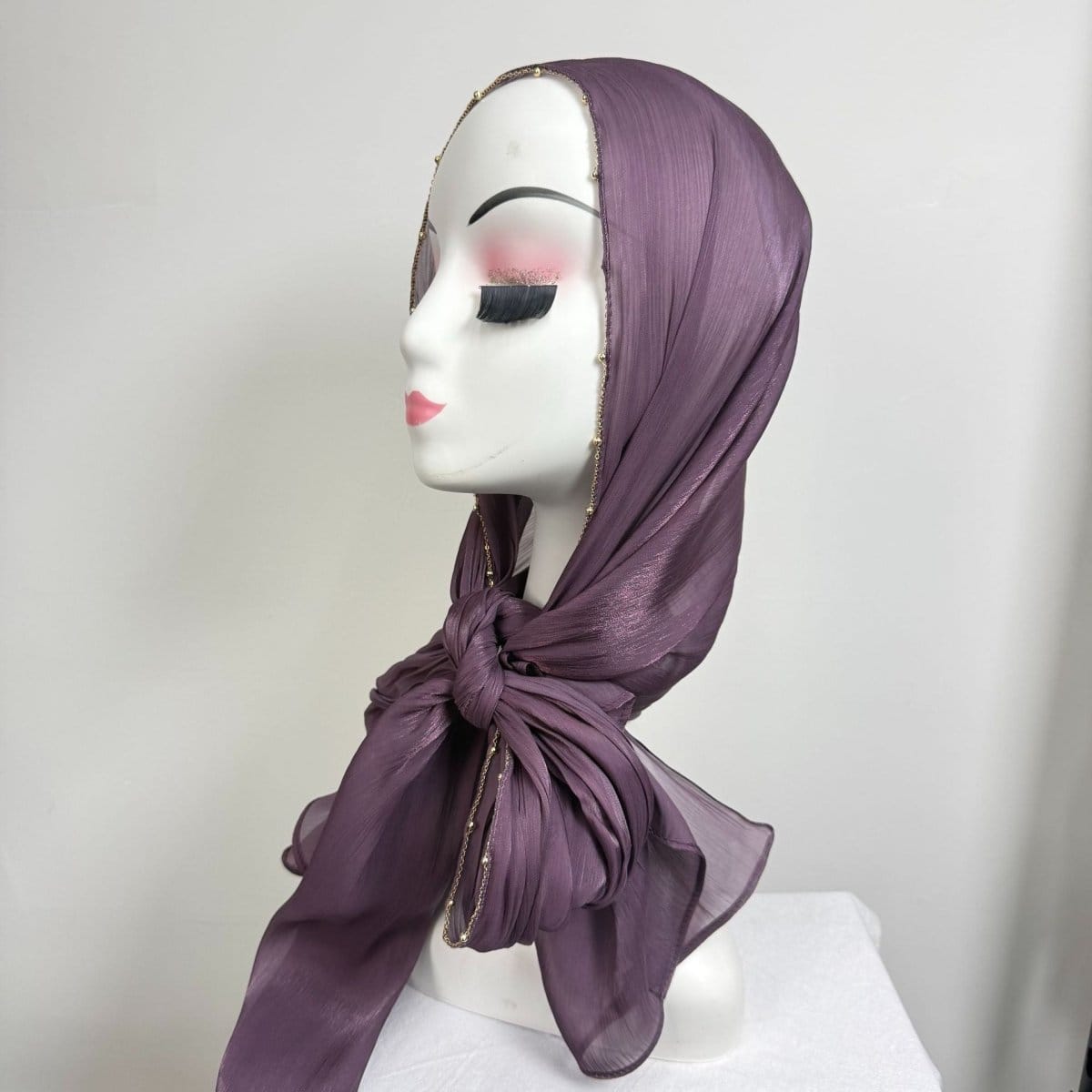 Gold Chain Beaded Edge Crinkle Satin Hijab(MH238) - A-1 Thread Vault