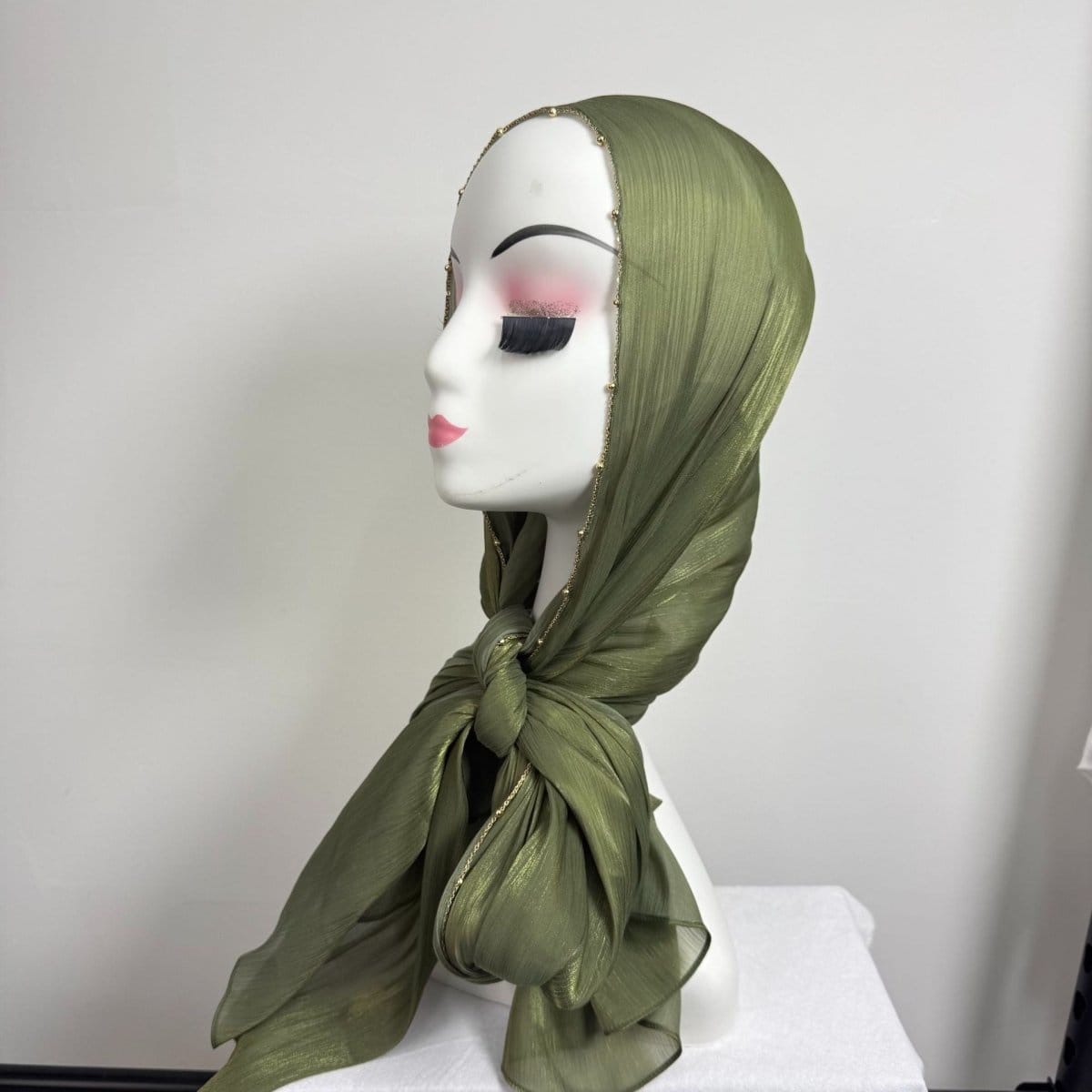 Gold Chain Beaded Edge Crinkle Satin Hijab(MH238) - A-1 Thread Vault