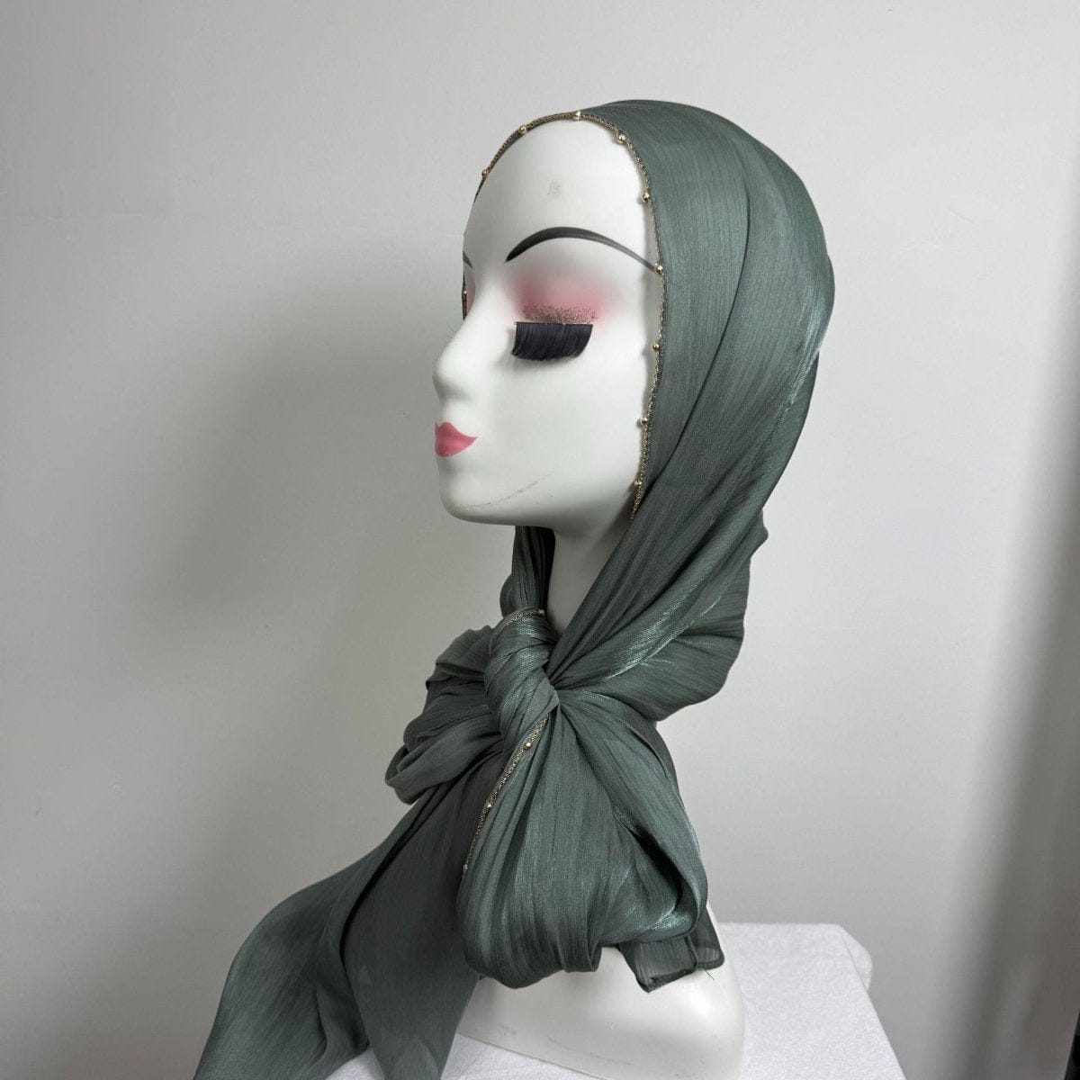 Gold Chain Beaded Edge Crinkle Satin Hijab(MH238) - A-1 Thread Vault