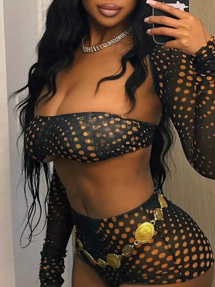 Gold Polka Dot Mesh 3-Piece Crop Top & Shorts Set - A-1 Thread Vault