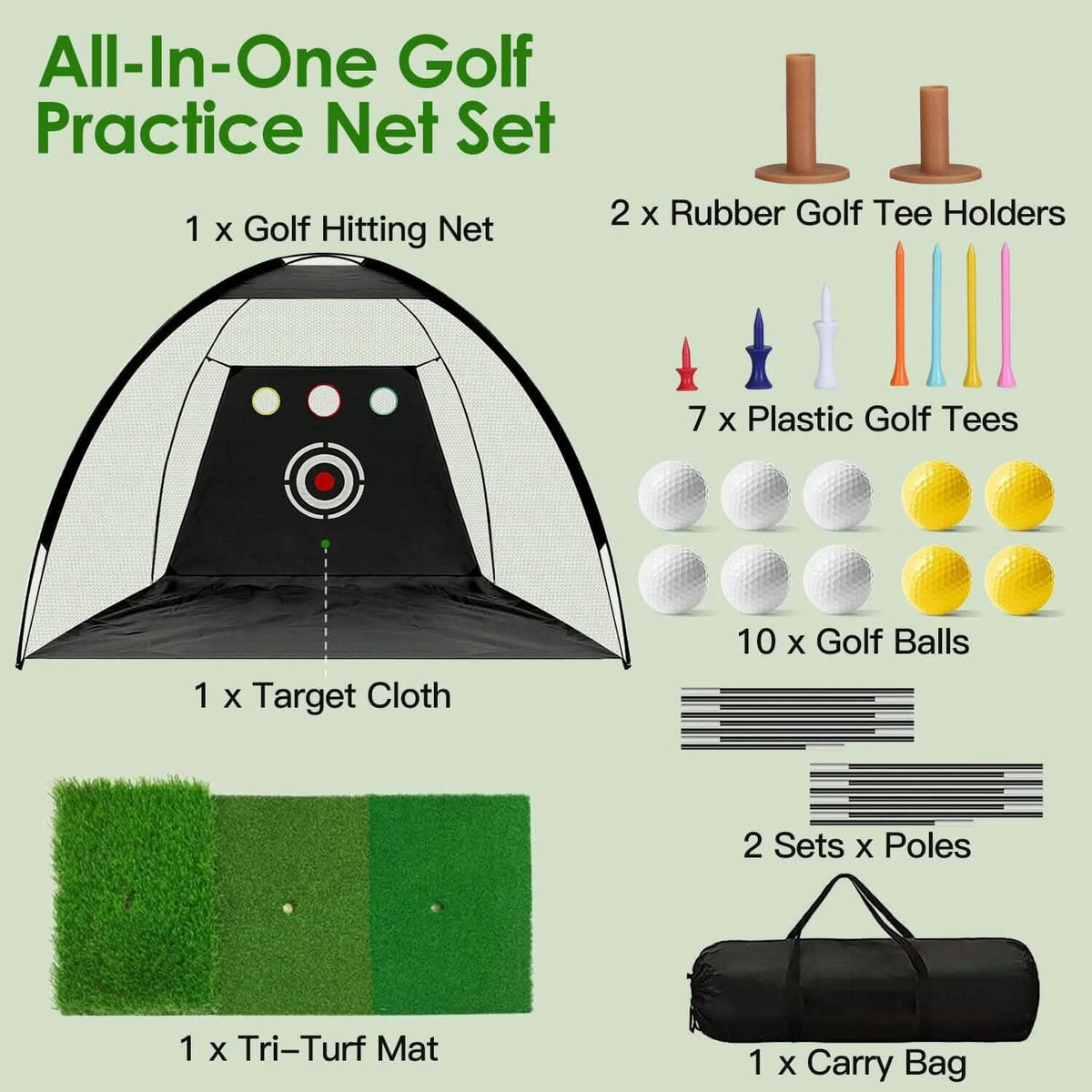 Golf Training Aids Driving Hitting Nets with Tri-Turf Golf Mat Target Cloth 10 Golf Balls 7 Golf Tees 2 Rubber Golf Tee Holders Carry Bag for Indoor Outdoor Sports - A-1 Thread Vault