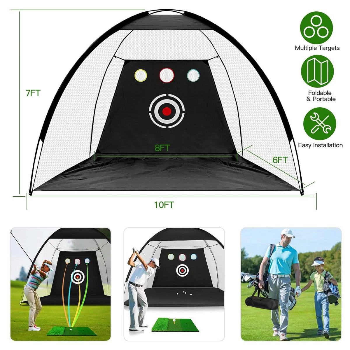 Golf Training Aids Driving Hitting Nets with Tri-Turf Golf Mat Target Cloth 10 Golf Balls 7 Golf Tees 2 Rubber Golf Tee Holders Carry Bag for Indoor Outdoor Sports - A-1 Thread Vault