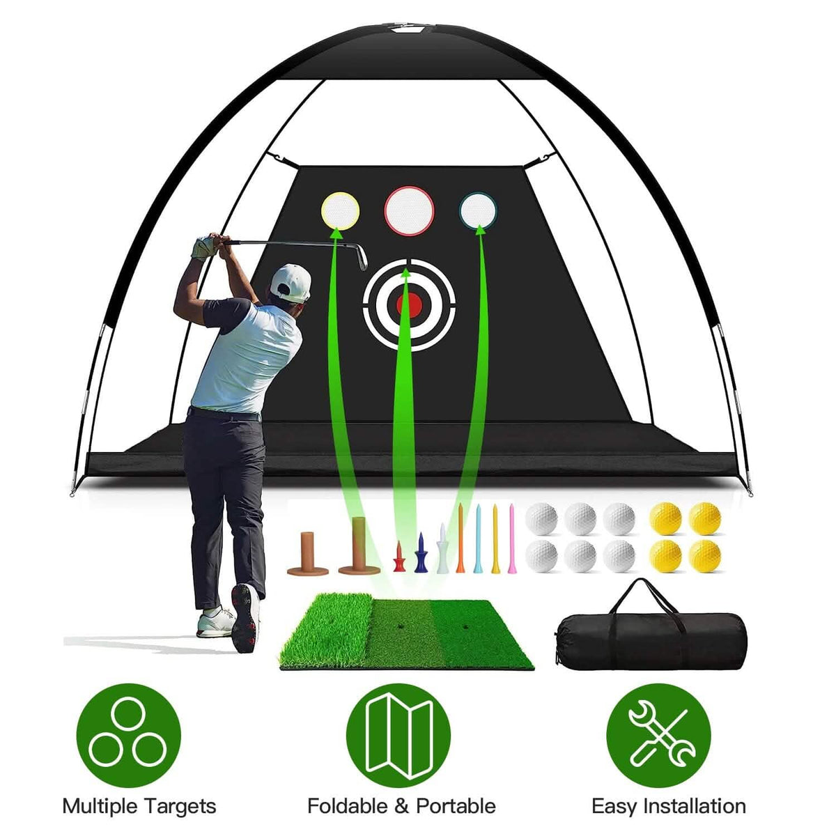 Golf Training Aids Driving Hitting Nets with Tri-Turf Golf Mat Target Cloth 10 Golf Balls 7 Golf Tees 2 Rubber Golf Tee Holders Carry Bag for Indoor Outdoor Sports - A-1 Thread Vault