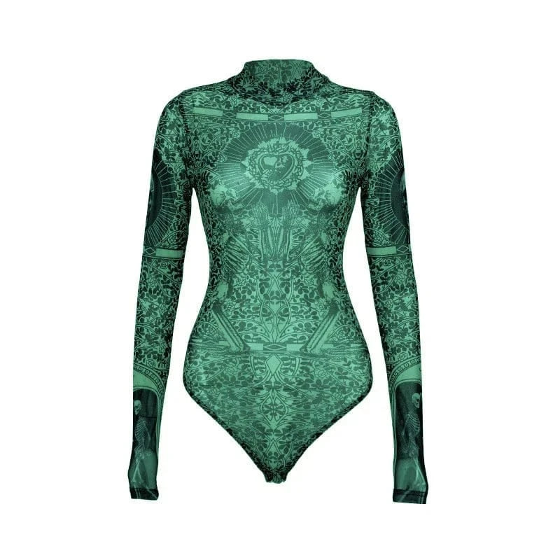 Gothic Print Naked See Through Bodycon Jumpsuits Y2K Lace Mesh Long Sleeve Slim Bodysuits Women Summer T-Shirts Tops Streetwear - A-1 Thread Vault