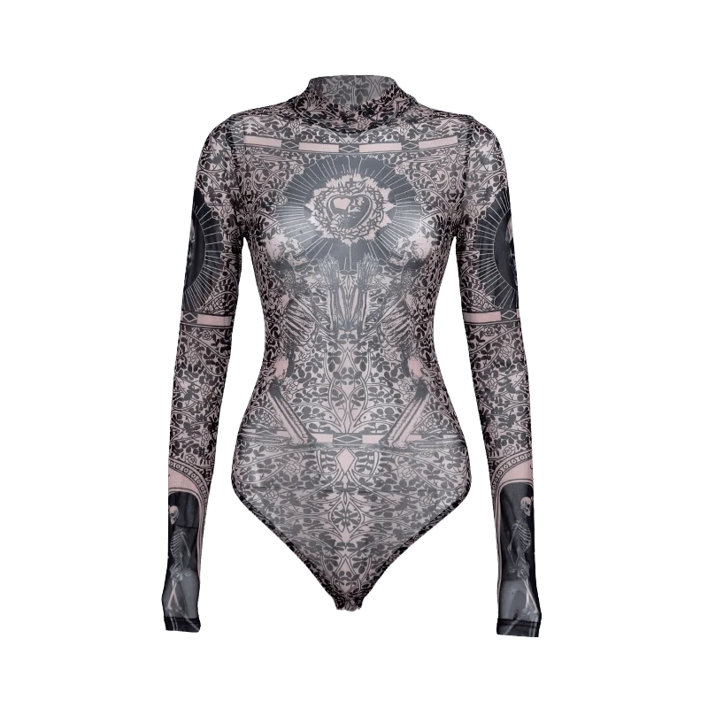 Gothic Print Naked See Through Bodycon Jumpsuits Y2K Lace Mesh Long Sleeve Slim Bodysuits Women Summer T-Shirts Tops Streetwear - A-1 Thread Vault